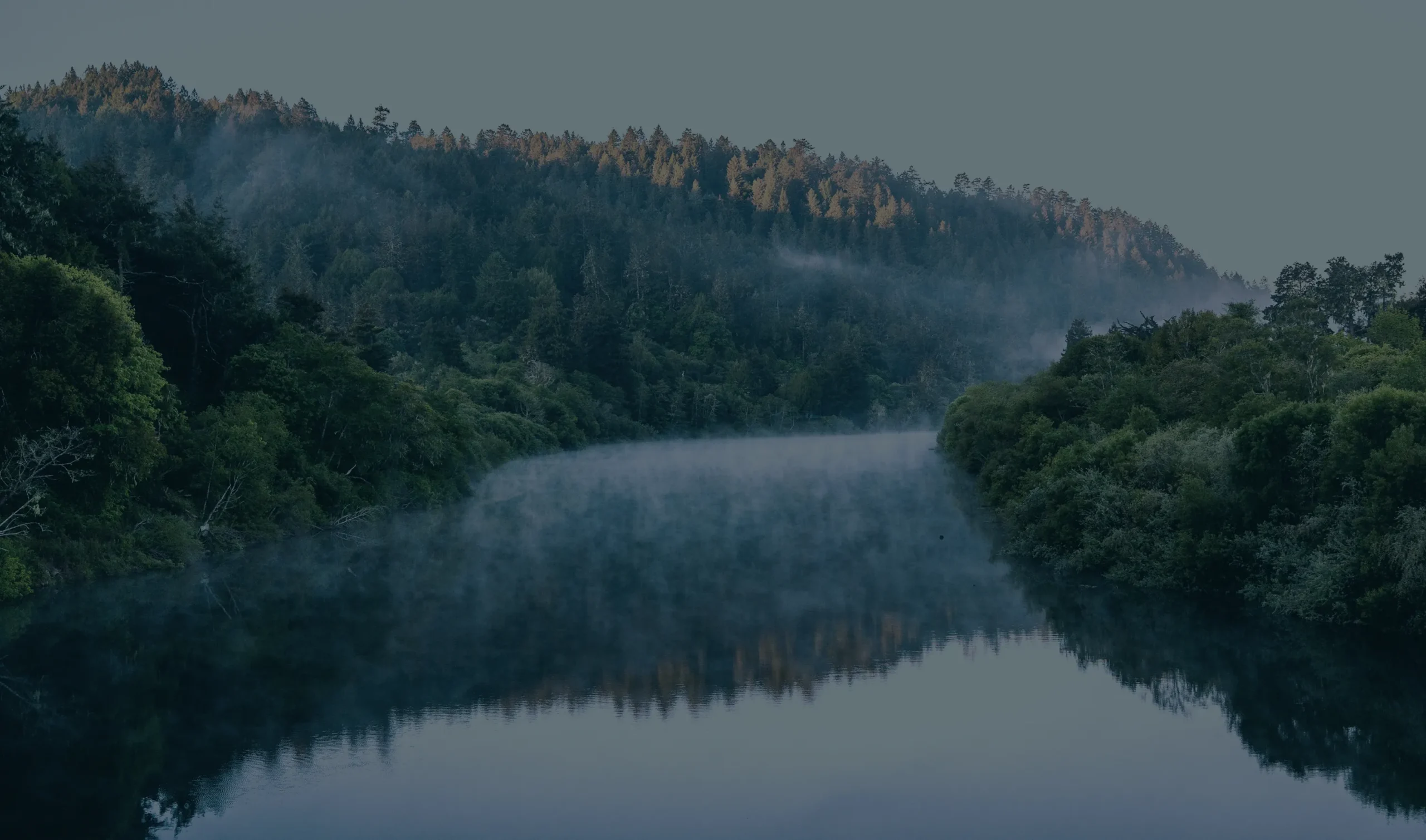 Mist rising over the Russian River surrounded by forested hills near Healdsburg, California.