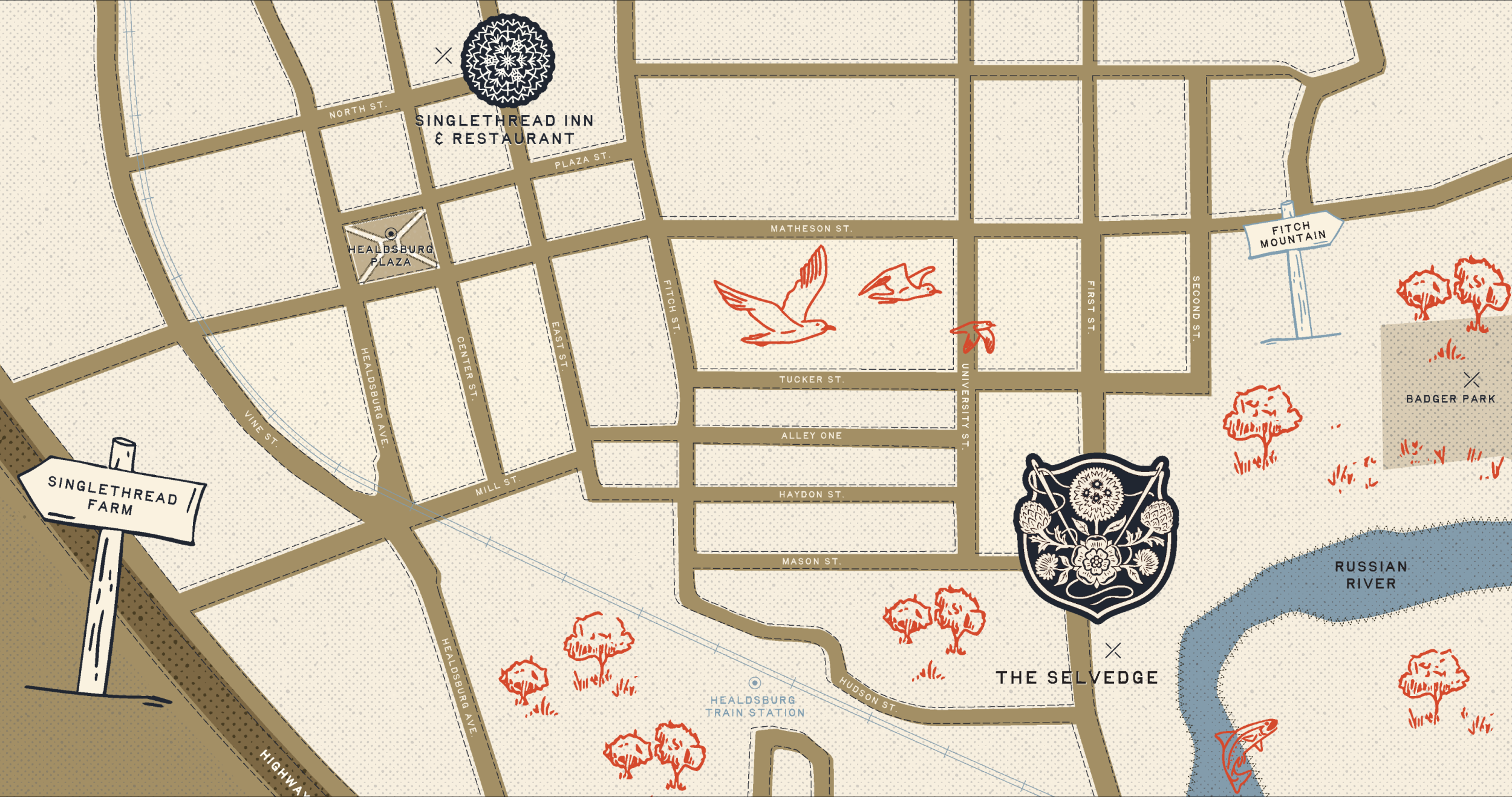 Illustrated map showing The Selvedge's location in downtown Healdsburg near SingleThread and the Russian River.